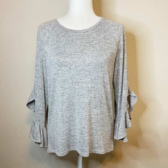 Banana Republic Light Gray 3/4 Sleeves Ruffle Open Sleeve Stretch Crew Sz Small - Picture 1 of 8